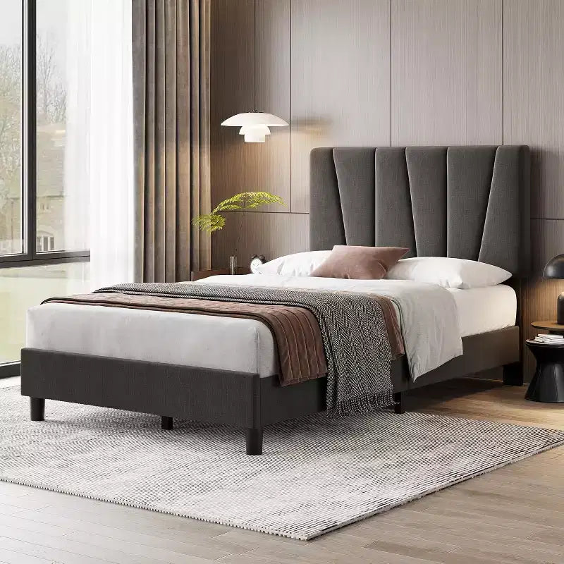 Twin Size Bed Frame with Adjustable Headboard, Linen Upholstered Bedframe with Strong Wooden Slats, Mattress Foundation, Dark Grey