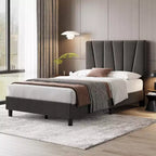 Twin Size Bed Frame with Adjustable Headboard, Linen Upholstered Bedframe with Strong Wooden Slats, Mattress Foundation, Dark Grey