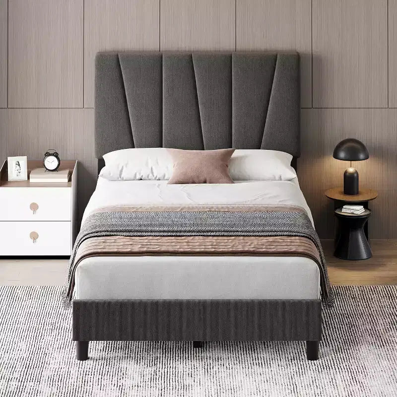 Twin Size Bed Frame with Adjustable Headboard, Linen Upholstered Bedframe with Strong Wooden Slats, Mattress Foundation, Dark Grey