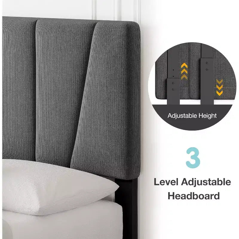 Twin Size Bed Frame with Adjustable Headboard, Linen Upholstered Bedframe with Strong Wooden Slats, Mattress Foundation, Dark Grey