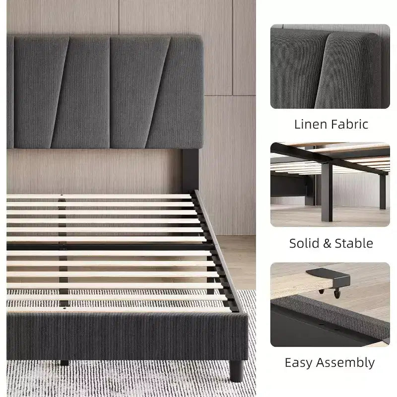 Twin Size Bed Frame with Adjustable Headboard, Linen Upholstered Bedframe with Strong Wooden Slats, Mattress Foundation, Dark Grey