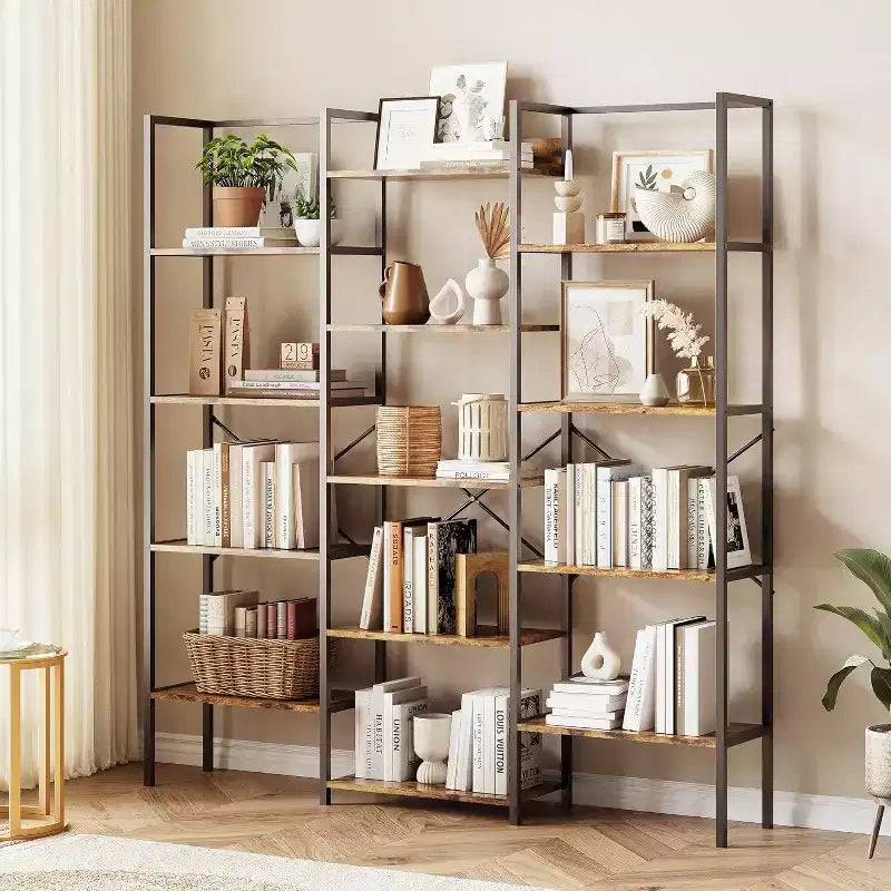 Acekool Triple Column 5-Tier Bookshelf, 14 Adjustable Display Shelves, Wide Industrial Bookcase for Living Room, Office, Rustic Brown
