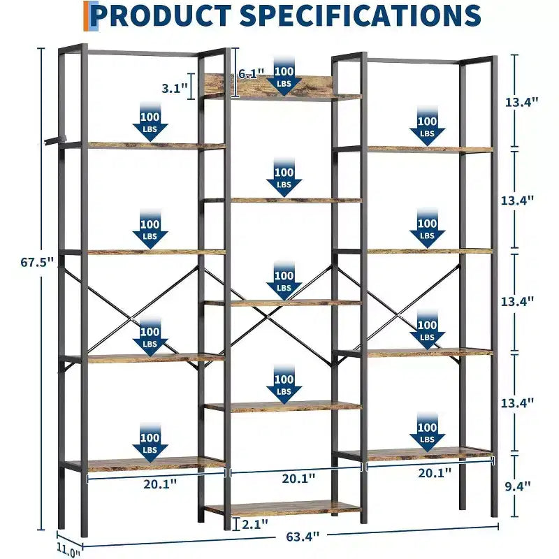 Acekool Triple Column 5-Tier Bookshelf, 14 Adjustable Display Shelves, Wide Industrial Bookcase for Living Room, Office, Rustic Brown