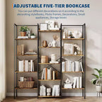 Acekool Triple Column 5-Tier Bookshelf, 14 Adjustable Display Shelves, Wide Industrial Bookcase for Living Room, Office, Rustic Brown