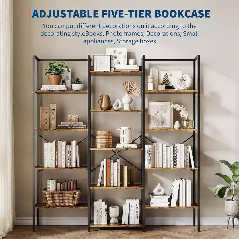 Acekool Triple Column 5-Tier Bookshelf, 14 Adjustable Display Shelves, Wide Industrial Bookcase for Living Room, Office, Rustic Brown