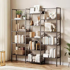 Acekool Triple Column 5-Tier Bookshelf, 14 Adjustable Display Shelves, Wide Industrial Bookcase for Living Room, Office, Rustic Brown