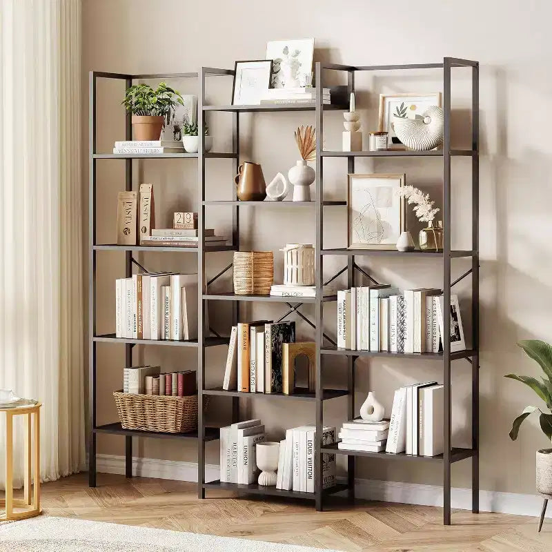 Acekool Triple Column 5-Tier Bookshelf, 14 Adjustable Display Shelves, Wide Industrial Bookcase for Living Room, Office, Rustic Brown