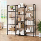 Acekool Triple Column 5-Tier Bookshelf, 14 Adjustable Display Shelves, Wide Industrial Bookcase for Living Room, Office, Rustic Brown