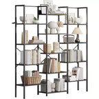 Acekool Triple Column 5-Tier Bookshelf, 14 Adjustable Display Shelves, Wide Industrial Bookcase for Living Room, Office, Rustic Brown