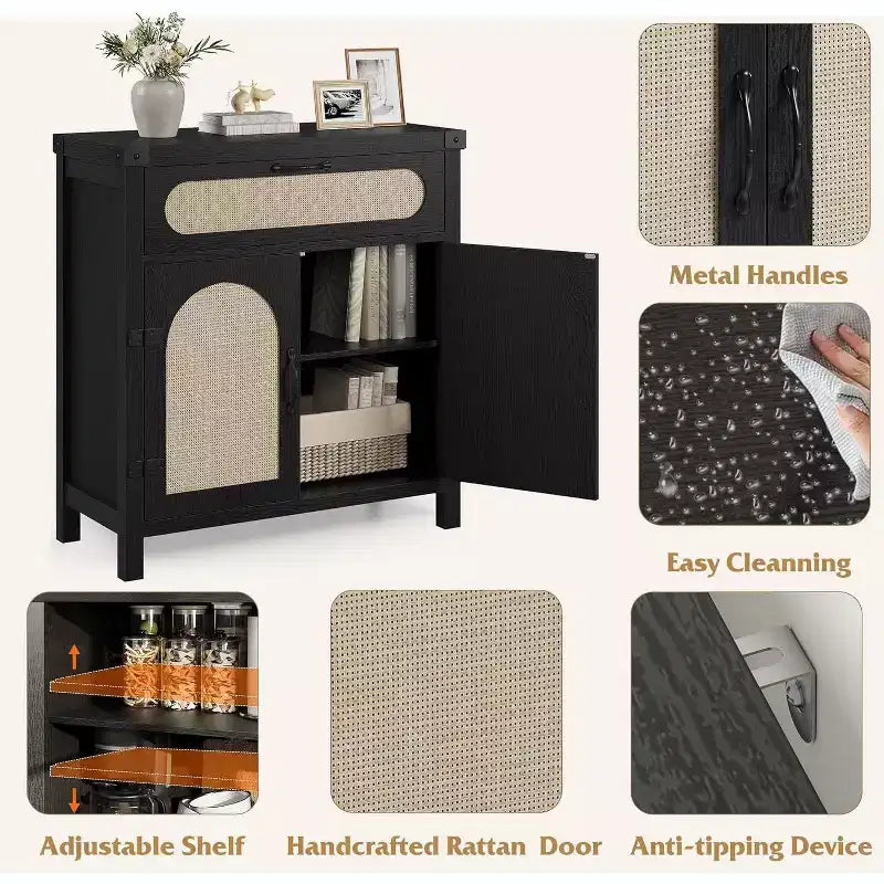 29.9 Piccolo mobile buffet in rattan, Credenza da cucina/angolo caffè con ante e cassetti, ripiani regolabili e maniglie, Stile Boho Farmhouse