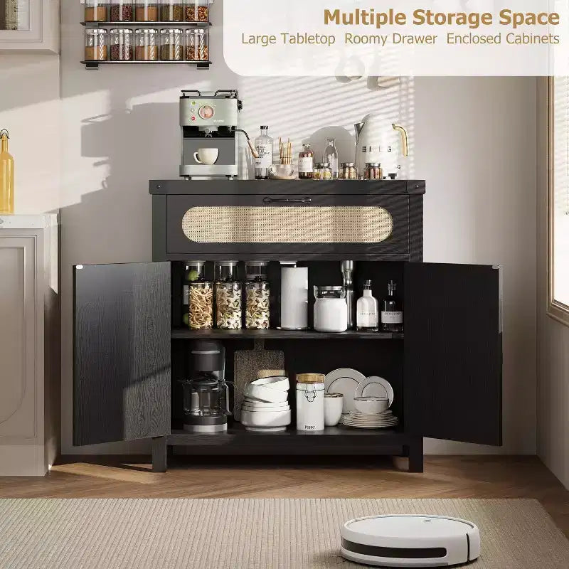 29.9 Piccolo mobile buffet in rattan, Credenza da cucina/angolo caffè con ante e cassetti, ripiani regolabili e maniglie, Stile Boho Farmhouse
