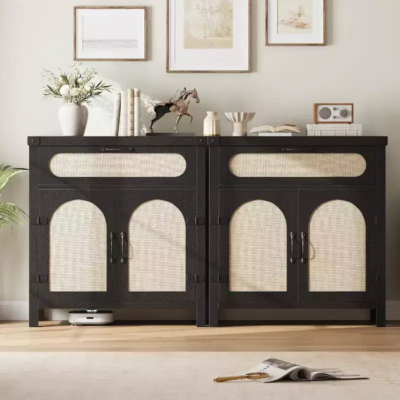 29.9 Piccolo mobile buffet in rattan, Credenza da cucina/angolo caffè con ante e cassetti, ripiani regolabili e maniglie, Stile Boho Farmhouse