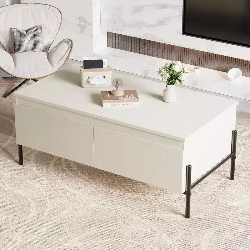 GustoWave Modern Coffee Table, Center Table with Drawers & Back Open Shelf for Living Room, Office, Bedroom, White
