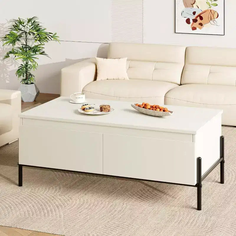 GustoWave Tavolino da caffè moderno, Tavolino centrale con cassetti e ripiano posteriore aperto per soggiorno, ufficio, camera da letto, Bianco