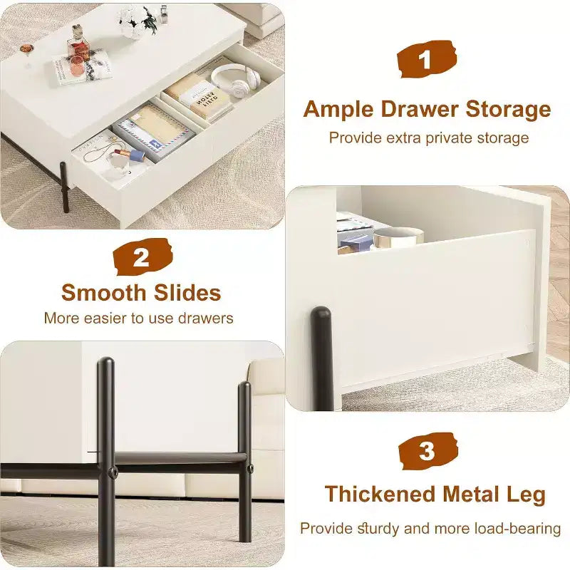 GustoWave Tavolino da caffè moderno, Tavolino centrale con cassetti e ripiano posteriore aperto per soggiorno, ufficio, camera da letto, Bianco