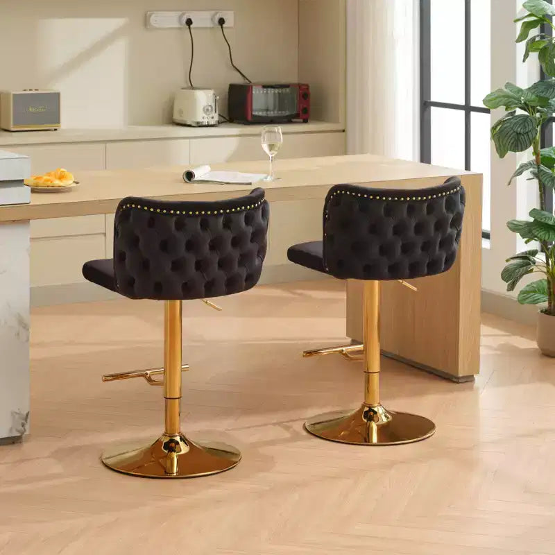 CLIHOME Set of 2 Swivel Barstools Adjusatble Seat Height With Gold-plating Base, Classic Velvet Upholstered Bar Stools