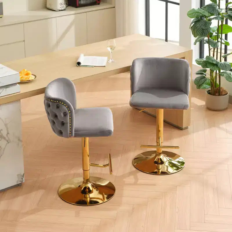 CLIHOME Set of 2 Swivel Barstools Adjusatble Seat Height With Gold-plating Base, Classic Velvet Upholstered Bar Stools