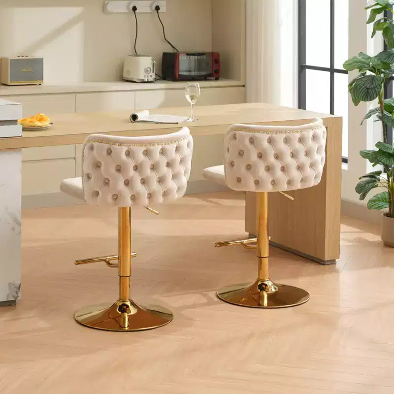 CLIHOME Set of 2 Swivel Barstools Adjusatble Seat Height With Gold-plating Base, Classic Velvet Upholstered Bar Stools