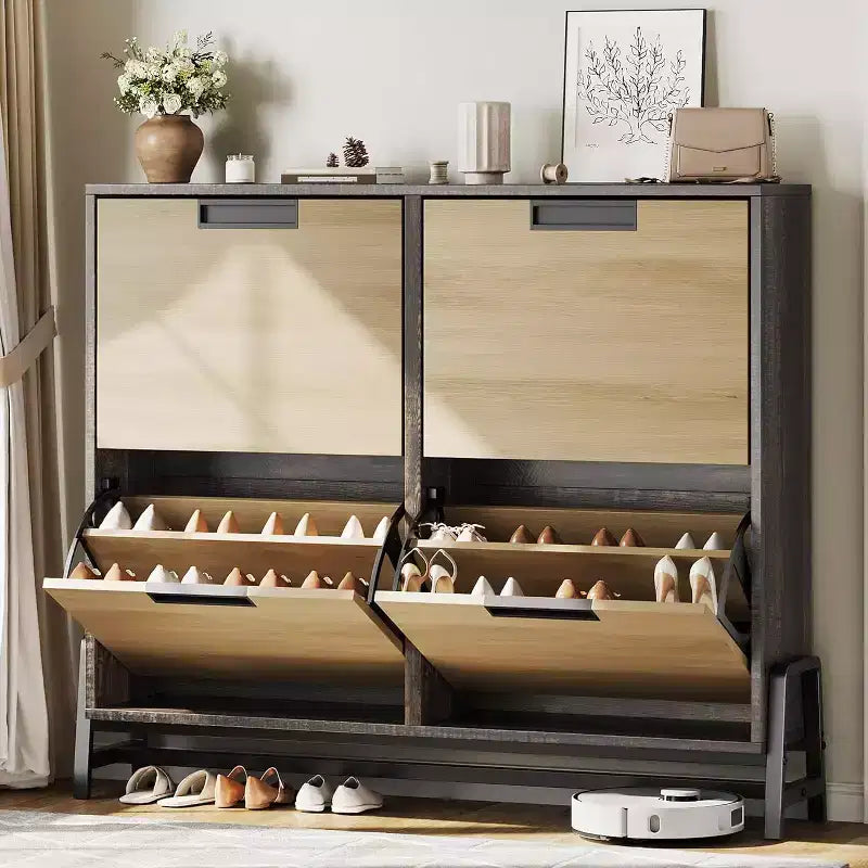 Scarpiera a 4 Cassetti a Ribalta, Organizer Porta Scarpe Stretto per Ingresso, Ripiani Regolabili, Antiribaltamento, Legno di Rovere, Stile Minimalista