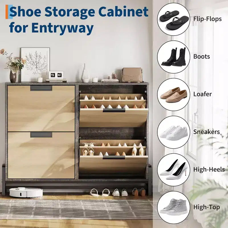 Scarpiera a 4 Cassetti a Ribalta, Organizer Porta Scarpe Stretto per Ingresso, Ripiani Regolabili, Antiribaltamento, Legno di Rovere, Stile Minimalista