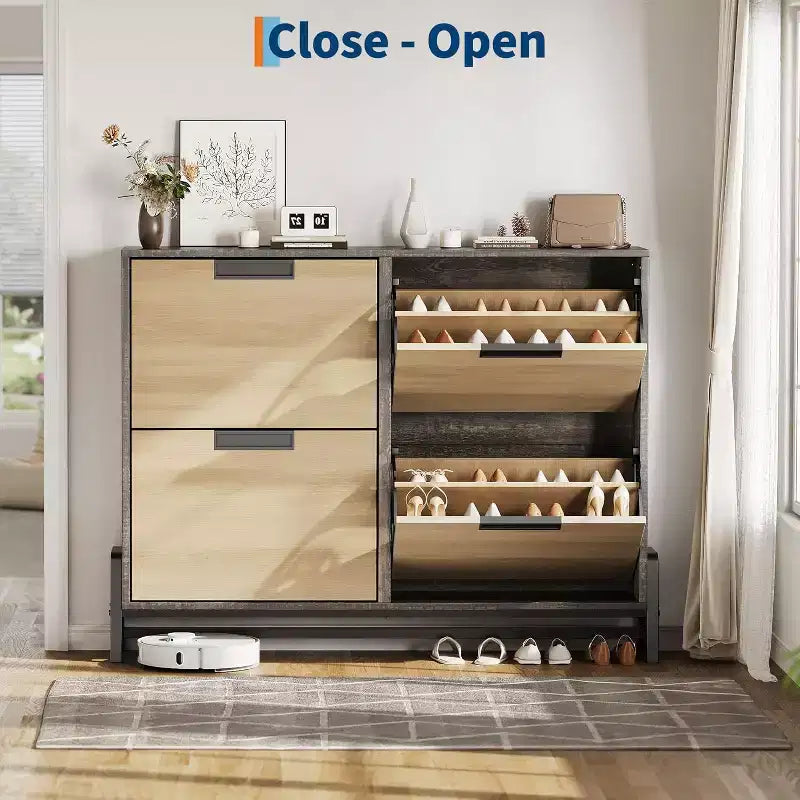 Scarpiera a 4 Cassetti a Ribalta, Organizer Porta Scarpe Stretto per Ingresso, Ripiani Regolabili, Antiribaltamento, Legno di Rovere, Stile Minimalista
