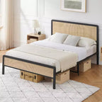 Full Size Bed Frame with Rattan Headboard, Metal Slats Support, Rounded Corners, Noise-Free, No Box Spring, White Oak