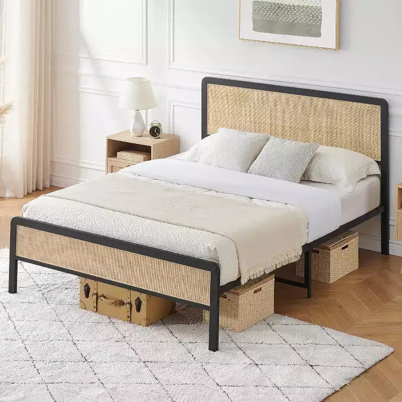 Full Size Bed Frame with Rattan Headboard, Metal Slats Support, Rounded Corners, Noise-Free, No Box Spring, White Oak