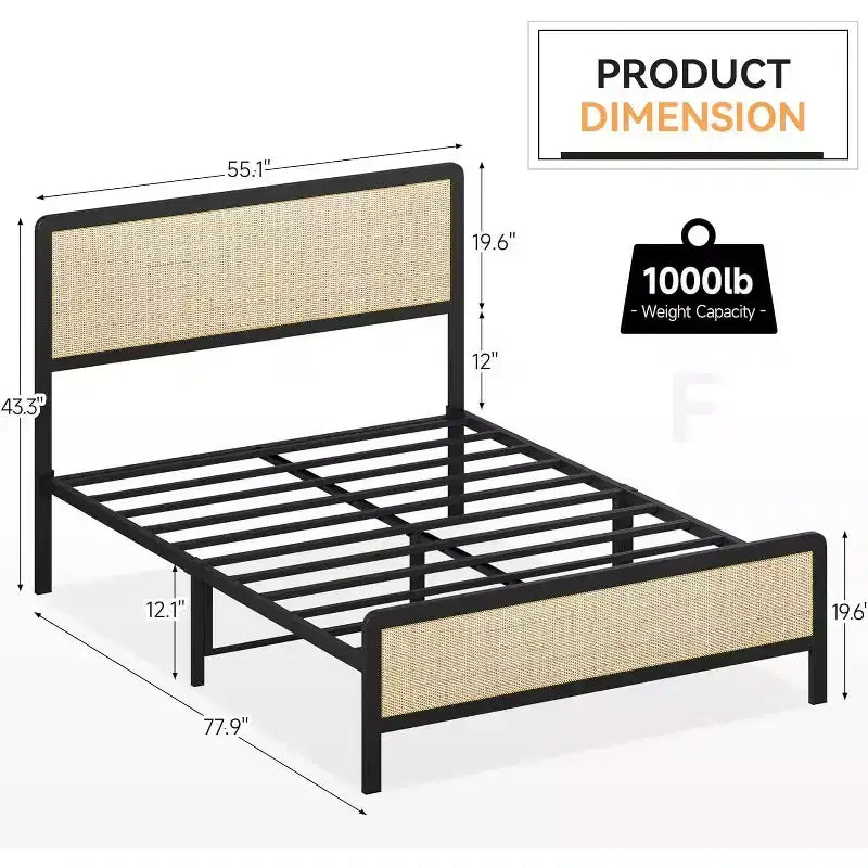 Full Size Bed Frame with Rattan Headboard, Metal Slats Support, Rounded Corners, Noise-Free, No Box Spring, White Oak