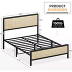 Full Size Bed Frame with Rattan Headboard, Metal Slats Support, Rounded Corners, Noise-Free, No Box Spring, White Oak