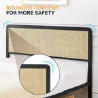 Full Size Bed Frame with Rattan Headboard, Metal Slats Support, Rounded Corners, Noise-Free, No Box Spring, White Oak