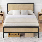 Full Size Bed Frame with Rattan Headboard, Metal Slats Support, Rounded Corners, Noise-Free, No Box Spring, White Oak