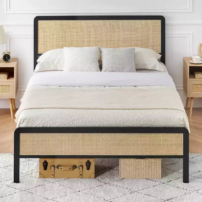 Full Size Bed Frame with Rattan Headboard, Metal Slats Support, Rounded Corners, Noise-Free, No Box Spring, White Oak