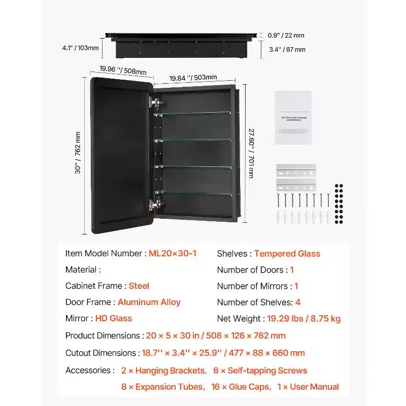 VEVOR Armadietto dei Medicinali, 20 x 30 pollici, Armadietto dei Medicinali per Bagno con Specchio, Telaio in Alluminio, 4 Ripiani Regolabili, Nero
