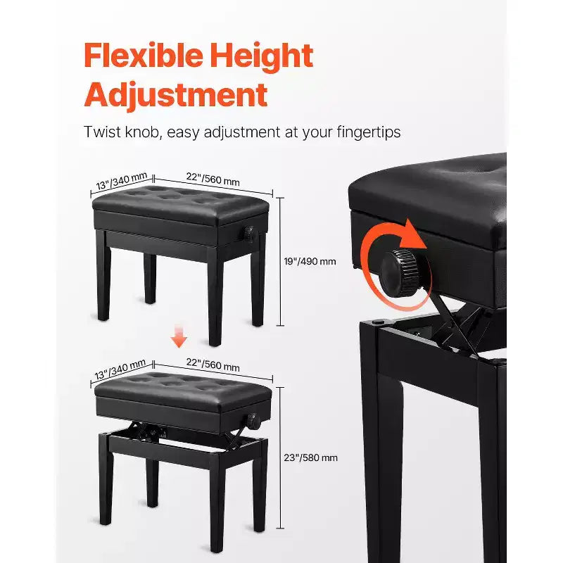 VEVOR Piano Bench, 22 x 13 x 19.3, Keyboard Piano Chair with 19.3-22.8 Adjustable Height, Padded Cushion, Storage Compartment, Black