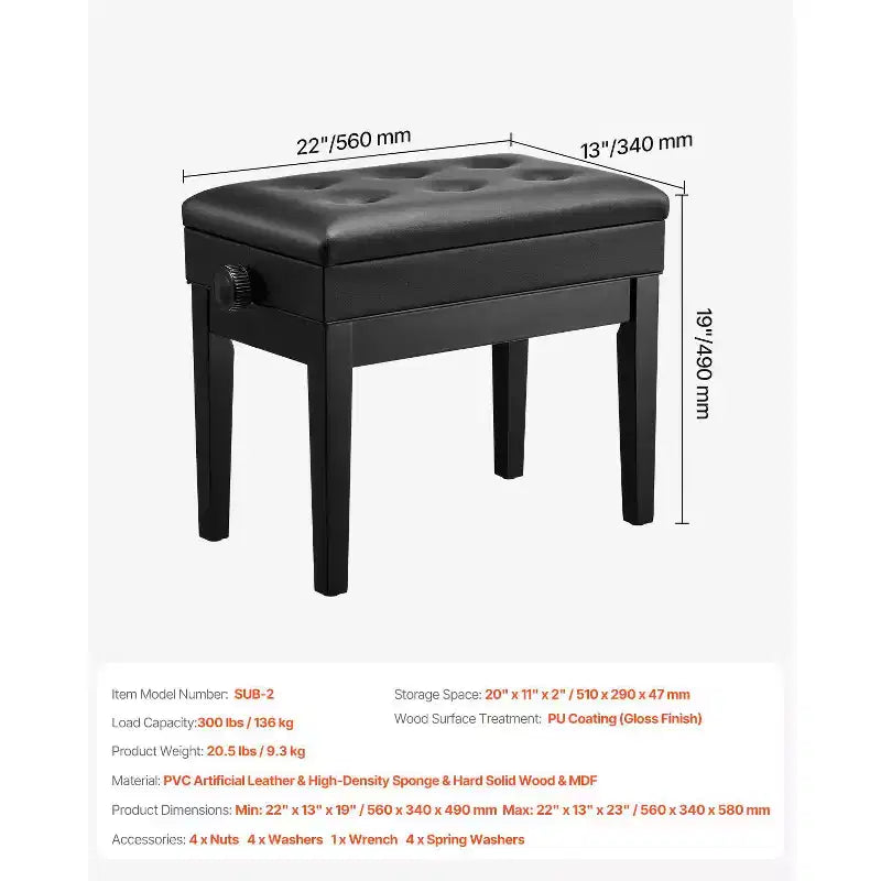VEVOR Piano Bench, 22 x 13 x 19.3, Keyboard Piano Chair with 19.3-22.8 Adjustable Height, Padded Cushion, Storage Compartment, Black