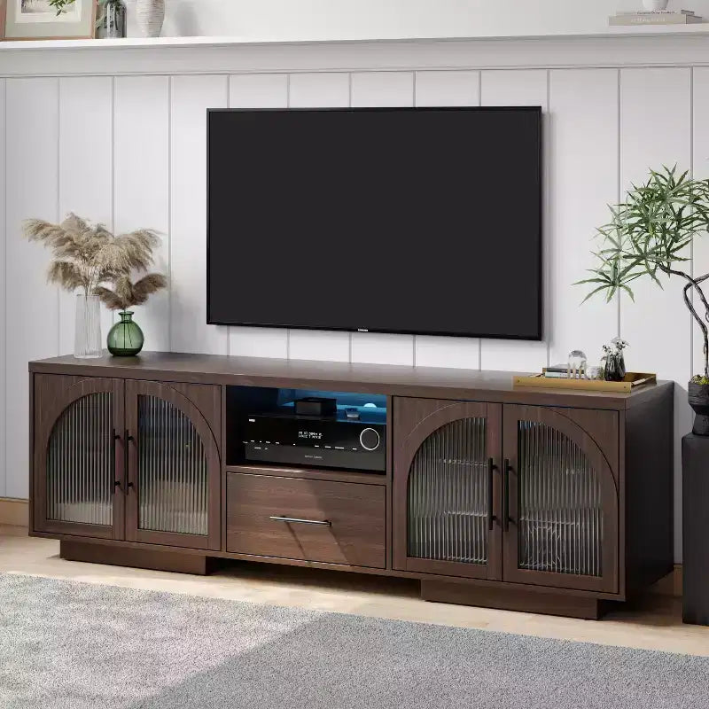 Mobile TV SOLACE FURNITURE 70 per TV da 80, Centro di intrattenimento con luci LED e ante in vetro ad arco
