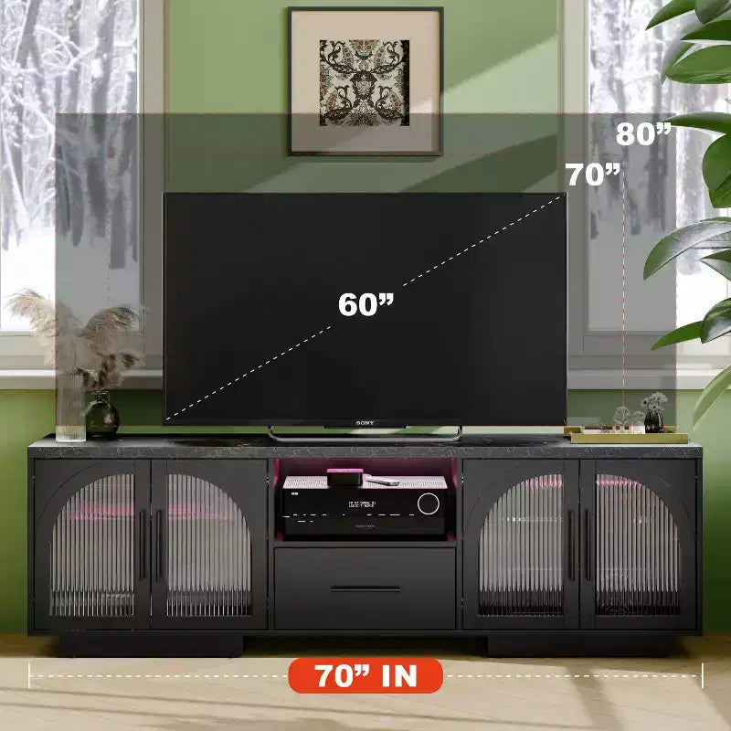 Mobile TV SOLACE FURNITURE 70 per TV da 80, Centro di intrattenimento con luci LED e ante in vetro ad arco