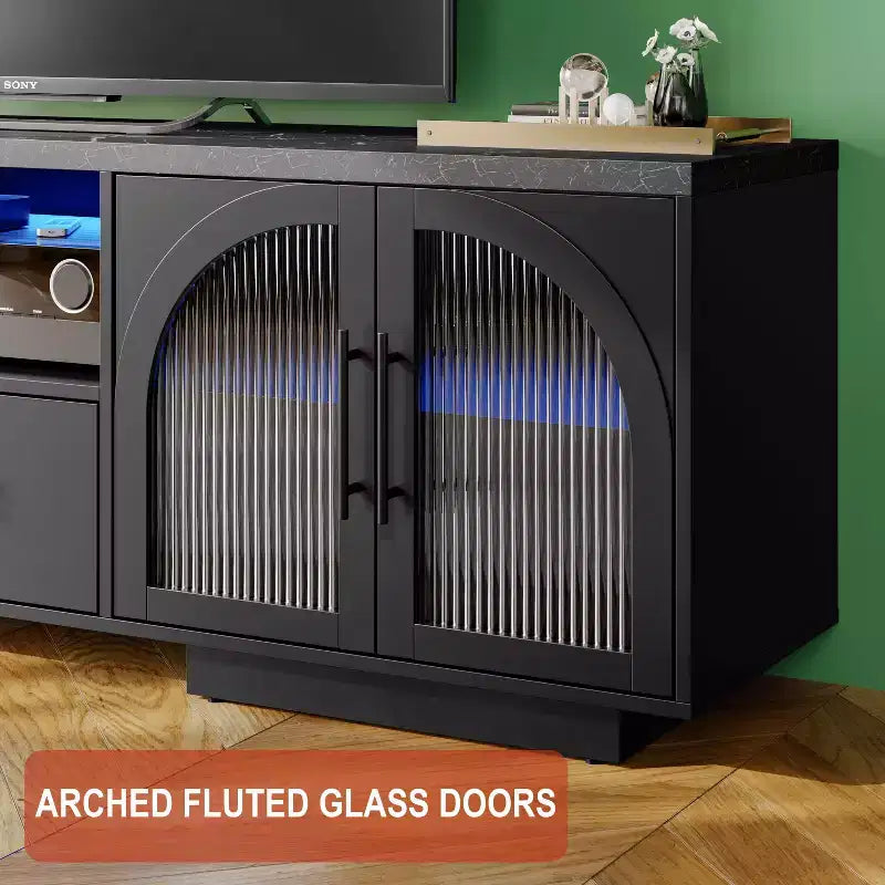 Mobile TV SOLACE FURNITURE 70 per TV da 80, Centro di intrattenimento con luci LED e ante in vetro ad arco