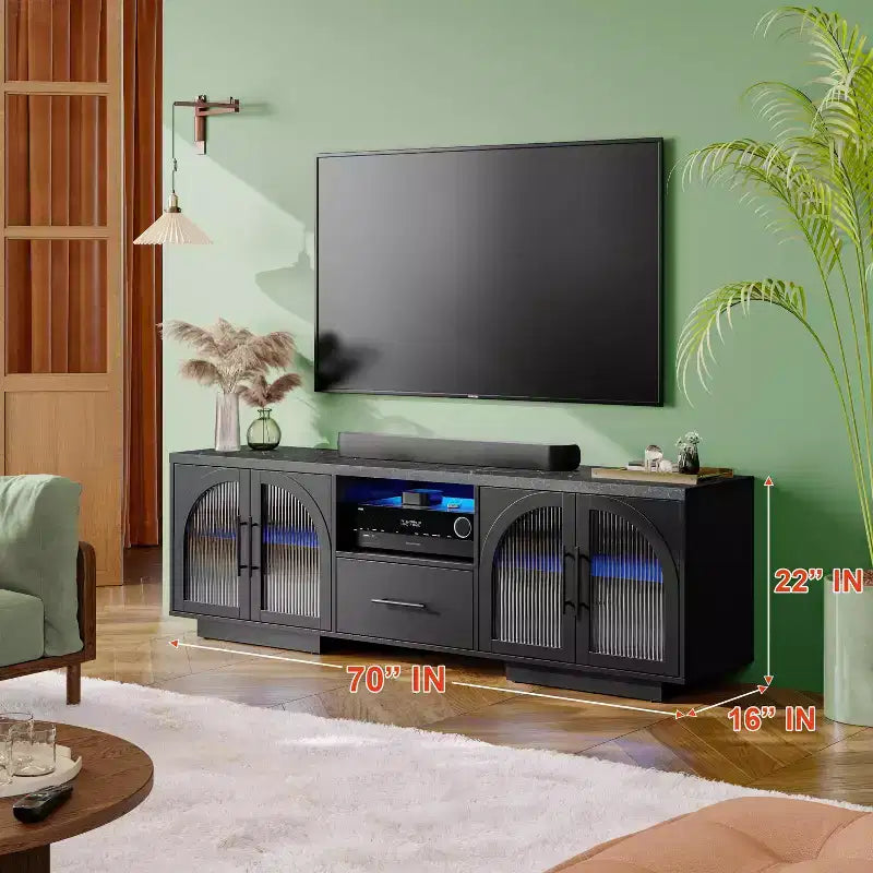 Mobile TV SOLACE FURNITURE 70 per TV da 80, Centro di intrattenimento con luci LED e ante in vetro ad arco
