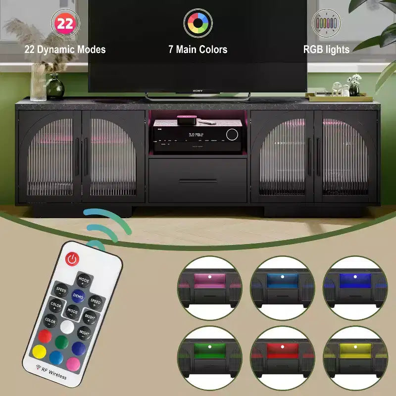 Mobile TV SOLACE FURNITURE 70 per TV da 80, Centro di intrattenimento con luci LED e ante in vetro ad arco