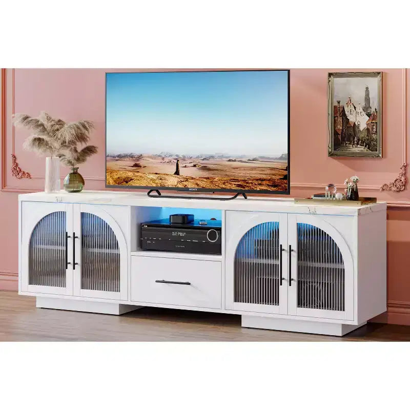 Mobile TV SOLACE FURNITURE 70 per TV da 80, Centro di intrattenimento con luci LED e ante in vetro ad arco