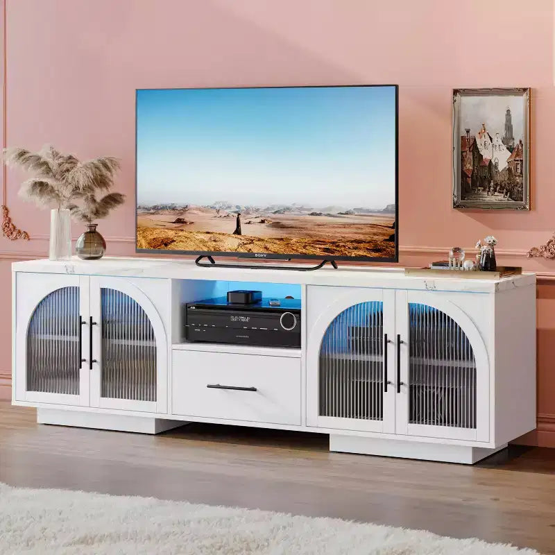 Mobile TV SOLACE FURNITURE 70 per TV da 80, Centro di intrattenimento con luci LED e ante in vetro ad arco