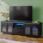 SOLACE FURNITURE 70 TV Stand for 80 TVs, Entertainment Center with LED Lights and Arched Glass Doors