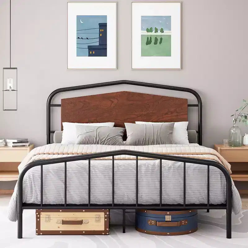 Metal Bed Frame with Wooden Headboard - Wrought Iron Platform Bed, Under Bed Storage, Easy Assembly for Industrial Style Bedroom