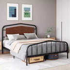 Metal Bed Frame with Wooden Headboard - Wrought Iron Platform Bed, Under Bed Storage, Easy Assembly for Industrial Style Bedroom