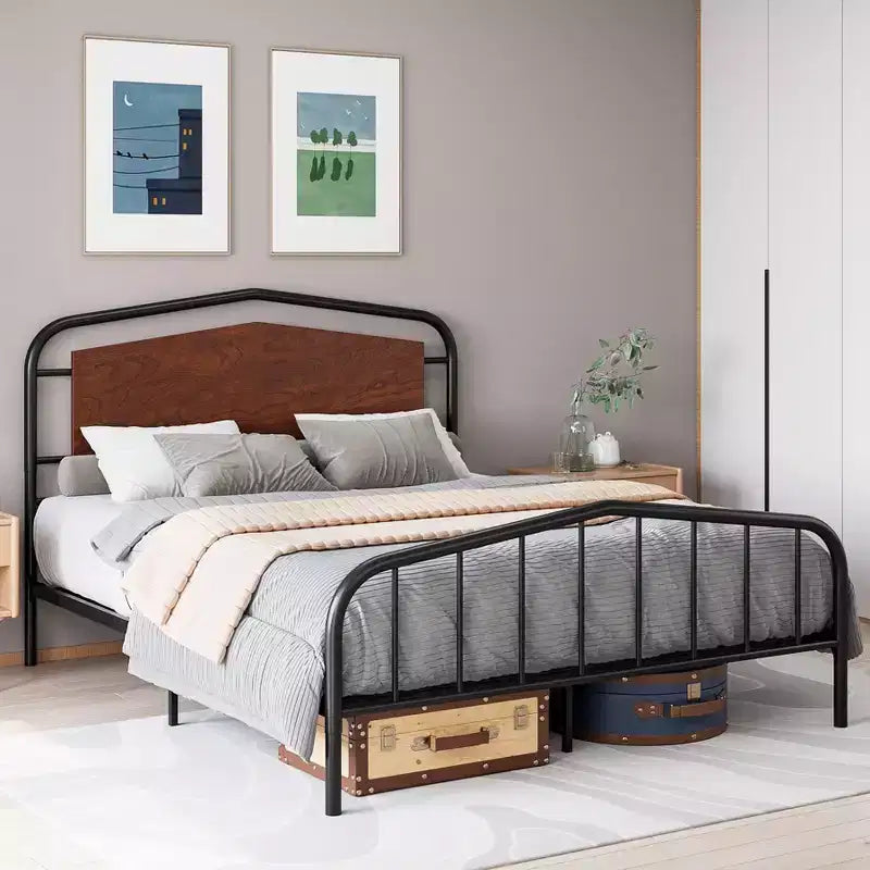 Metal Bed Frame with Wooden Headboard - Wrought Iron Platform Bed, Under Bed Storage, Easy Assembly for Industrial Style Bedroom