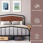Metal Bed Frame with Wooden Headboard - Wrought Iron Platform Bed, Under Bed Storage, Easy Assembly for Industrial Style Bedroom