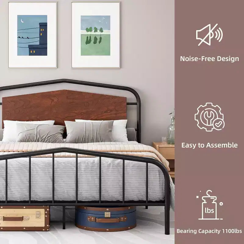 Metal Bed Frame with Wooden Headboard - Wrought Iron Platform Bed, Under Bed Storage, Easy Assembly for Industrial Style Bedroom