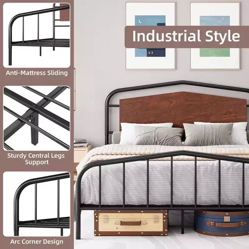 Metal Bed Frame with Wooden Headboard - Wrought Iron Platform Bed, Under Bed Storage, Easy Assembly for Industrial Style Bedroom
