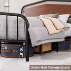 Metal Bed Frame with Wooden Headboard - Wrought Iron Platform Bed, Under Bed Storage, Easy Assembly for Industrial Style Bedroom